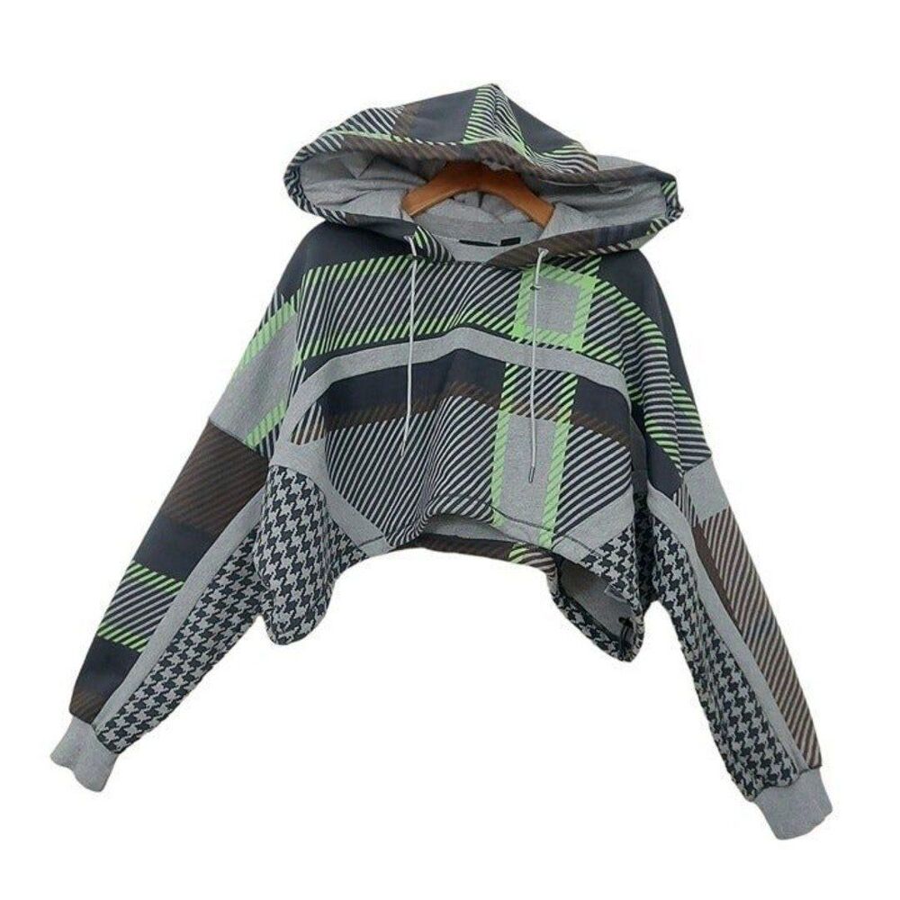 Adidas Ivy Park Cropped Halls Of Ivy Hoodie Womens XS Gray Brown Allover Print
